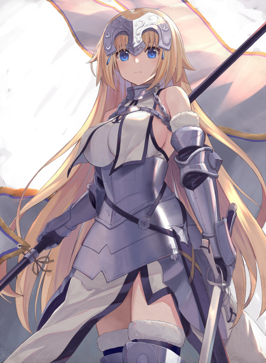 1girl armor armored_dress bare_shoulders blonde_hair blue_eyes braid breasts capelet chains fate/apocrypha fate/grand_order fate_(series) faulds flag fur_trim gauntlets headpiece highres holding holding_sword holding_weapon jeanne_d'arc_(fate) jeanne_d'arc_(fate)_(all) kou_v05first large_breasts long_hair ruler_(fate/apocrypha) solo sword very_long_hair weapon yellow_eyes