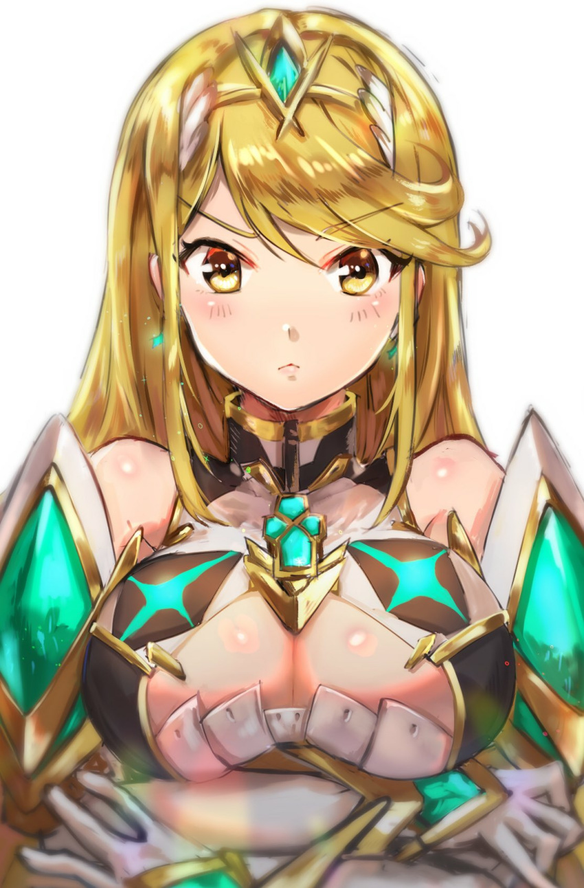 1girl bangs bare_shoulders blonde_hair breasts cleavage cleavage_cutout closed_mouth earrings frown highres mythra_(xenoblade) jewelry large_breasts long_hair looking_at_viewer minmicut monolith_soft nintendo simple_background solo straight_hair swept_bangs tiara tsundere upper_body white_background xenoblade_(series) xenoblade_2 yellow_eyes