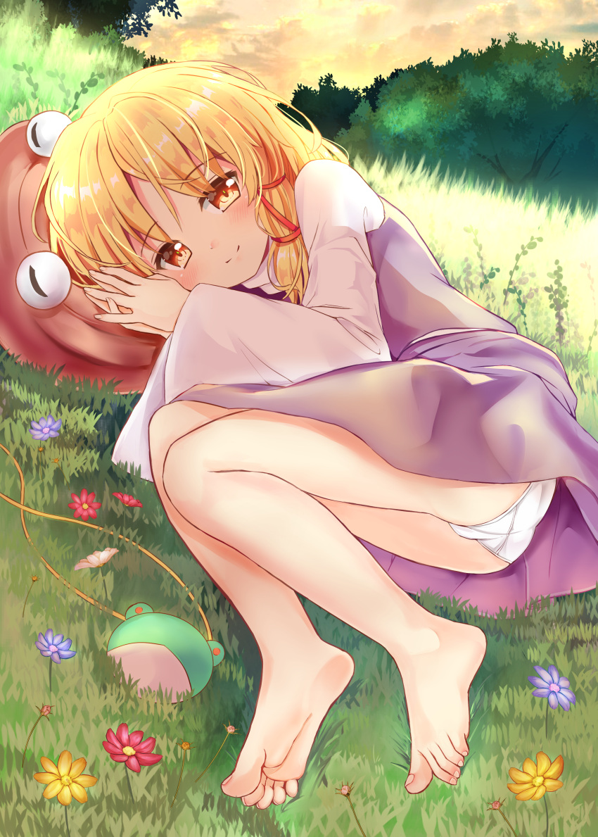 1girl absurdres ass bangs barefoot blonde_hair blush brown_headwear clouds commentary_request eyebrows_visible_through_hair flower full_body grass hair_ribbon hat hat_removed headwear_removed highres long_sleeves looking_at_viewer lying moriya_suwako on_side outdoors own_hands_together panties pantyshot pantyshot_(lying) purple_flower purple_skirt purple_vest pyonta ramudia_(lamyun) red_flower red_ribbon ribbon shadow shirt short_hair sidelocks skirt skirt_set smile solo sunset thighs touhou tree underwear vest white_panties white_shirt wide_sleeves yellow_eyes yellow_flower