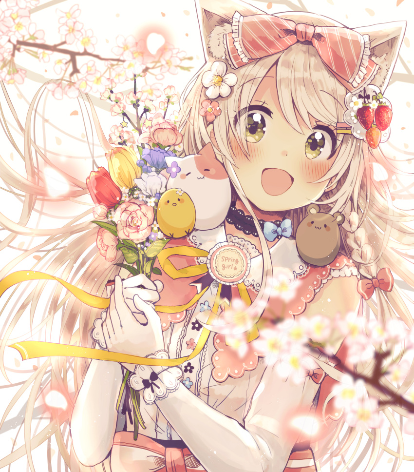 1girl :d absurdres animal_ear_fluff animal_ears bangs blurry blurry_foreground blush bouquet bow brown_eyes commentary_request depth_of_field elbow_gloves eyebrows_visible_through_hair flower gloves hair_between_eyes hair_bow hair_flower hair_ornament hands_up head_tilt highres holding holding_bouquet looking_at_viewer open_mouth original pink_flower purple_flower red_bow red_flower sakura_oriko shirt sleeveless sleeveless_shirt smile solo tree_branch upper_body white_background white_flower white_gloves white_hair white_shirt wrist_cuffs yellow_flower
