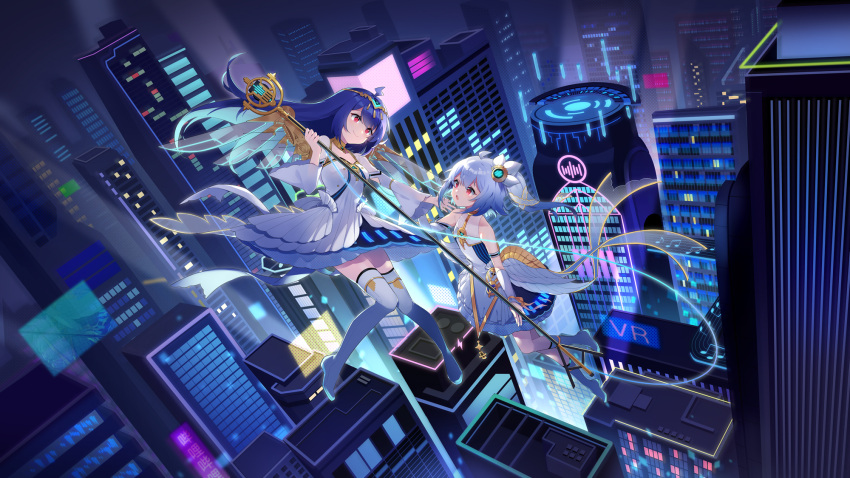 2girls bili_girl_22 bili_girl_33 bilibili_douga blue_hair blush boots building city closed_mouth detached_sleeves floating highres long_hair long_sleeves looking_at_another multiple_girls night official_art outdoors parted_lips red_eyes sharlorc short_hair skirt skyscraper smile thigh-highs thigh_boots white_footwear white_skirt