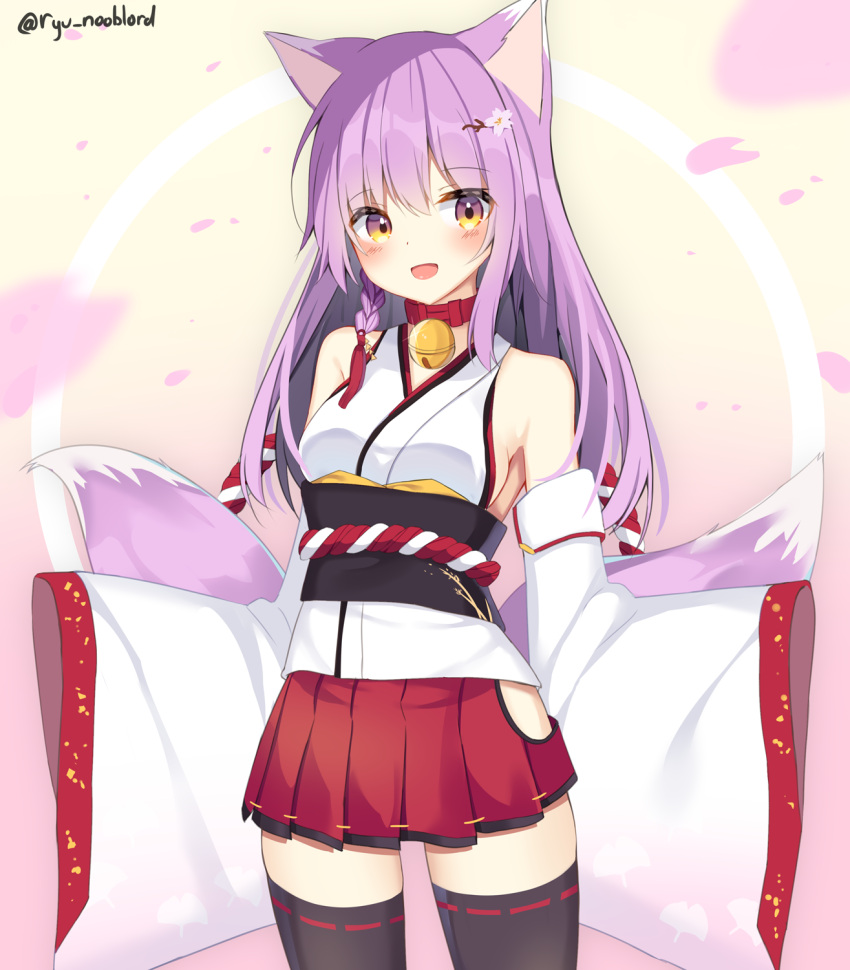 1girl :d animal_ears bangs bare_shoulders bell black_legwear blurry blush braid breasts brown_eyes collar cowboy_shot detached_sleeves flower fox_ears fox_girl fox_tail hair_flower hair_ornament hairclip hakama_skirt highres hip_vent japanese_clothes jingle_bell kimono kouhaku_nawa long_hair long_sleeves looking_at_viewer miniskirt mizuki_ryuu multicolored multicolored_eyes multiple_tails obi open_mouth orange_eyes original petals pleated_skirt purple_hair red_skirt ribbon-trimmed_legwear ribbon_trim rope sash shimenawa side_braid skirt sleeves_past_fingers sleeves_past_wrists small_breasts smile solo standing tail thigh-highs twitter_username two_tails white_flower white_kimono wide_sleeves zettai_ryouiki