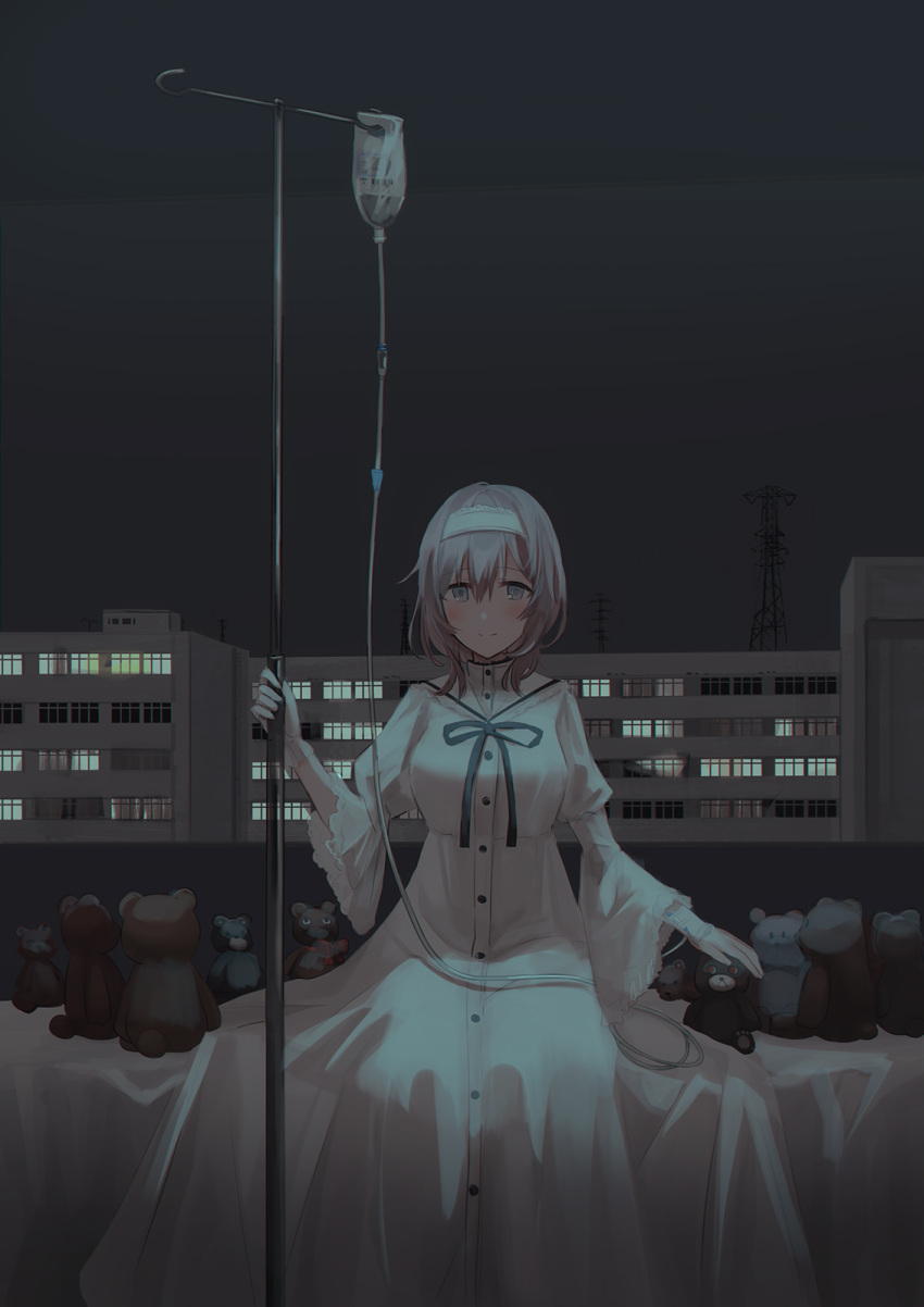 1girl bangs bed_sheet black_ribbon blush breasts brown_hair building chihuri closed_mouth commentary_request dress eyebrows_visible_through_hair gloves grey_eyes grey_sky hair_between_eyes hairband hand_up highres hospital indoors intravenous_drip juliet_sleeves long_hair long_sleeves looking_at_viewer medium_breasts neck_ribbon on_bed original puffy_sleeves ribbon single_glove sitting sitting_on_bed sky smile solo stuffed_animal stuffed_toy teddy_bear transmission_tower white_dress white_gloves white_hairband wide_sleeves window