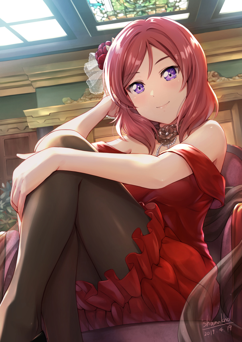 1girl bangs bare_shoulders black_legwear blush breasts chair dated dress eyebrows_visible_through_hair flower hair_flower hair_ornament highres jewelry leg_hug legs_crossed lips looking_at_viewer love_live! love_live!_school_idol_project medium_breasts medium_hair necklace nishikino_maki pantyhose red_dress redhead shamakho shawl shiny shiny_hair signature sitting skylight smile solo strapless strapless_dress swept_bangs violet_eyes