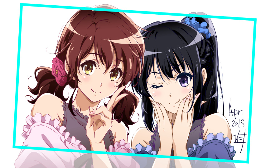 2girls ;) bangs bare_shoulders black_hair blue_border blush border braid brown_hair closed_mouth collarbone dated eyebrows_visible_through_hair flower french_braid frills hair_flower hair_ornament hair_scrunchie hand_up hands_on_own_cheeks hands_on_own_face hands_up hibike!_euphonium highres kousaka_reina long_hair looking_at_viewer low_twintails multiple_girls nii_manabu one_eye_closed oumae_kumiko ponytail purple_flower scrunchie simple_background smile tareme twintails upper_body v violet_eyes white_hair yellow_eyes