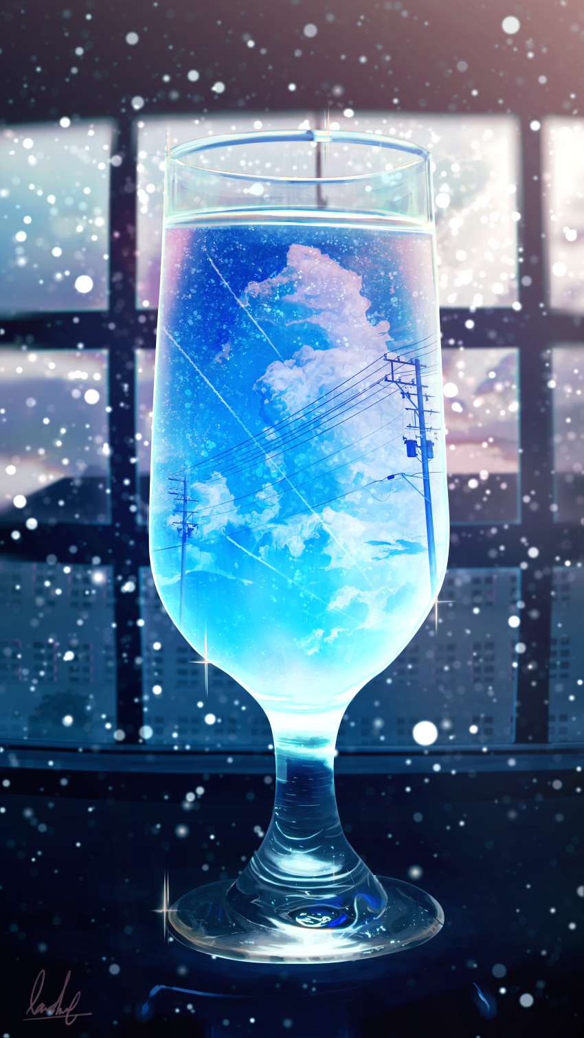 absurdres banishment blue_theme blurry building clouds commentary cup depth_of_field drinking_glass highres huge_filesize light_particles no_humans original power_lines scenery signature sky snow telephone_pole window