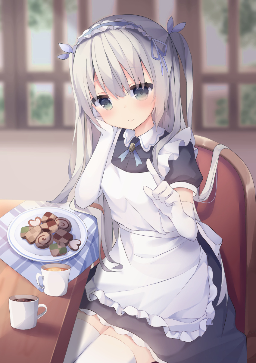 1girl absurdres apron arm_support black_dress blue_hairband blue_ribbon blurry blurry_background blush breasts chair checkerboard_cookie closed_mouth collared_dress commentary_request cookie cup depth_of_field dress elbow_gloves food frilled_apron frilled_hairband frills gloves hair_ribbon hairband head_tilt heart highres index_finger_raised indoors long_hair maid maid_apron mug on_chair original plaid puffy_short_sleeves puffy_sleeves ribbon short_sleeves silver_hair sitting small_breasts smile solo table tablecloth thigh-highs tsuruse very_long_hair white_apron white_gloves white_legwear window