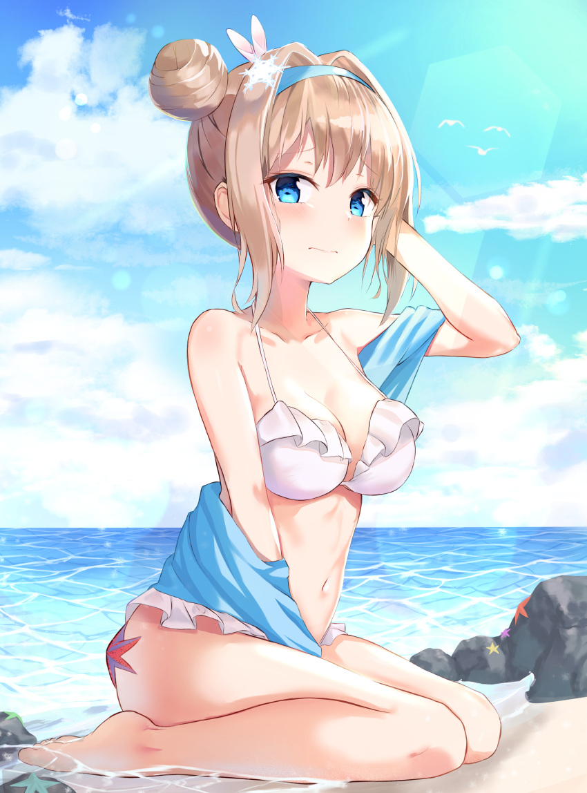 1girl 3: absurdres albi animal bare_arms bare_legs bare_shoulders barefoot beach bikini bird blue_eyes blue_jacket blue_sky blush breasts brown_hair bunny_hair_ornament caustics cleavage closed_mouth clouds cloudy_sky collarbone day frilled_bikini frills girls_frontline hair_bun hair_intakes hair_ornament hairband halter_top halterneck hand_up highres horizon jacket kneeling light_rays long_hair looking_at_viewer medium_breasts navel ocean off_shoulder outdoors rock sand sidelocks sky snowflake_hair_ornament solo starfish stomach sunbeam sunlight suomi_kp31_(girls_frontline) swimsuit thighs water white_bikini