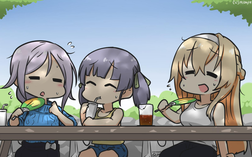 3girls =_= alternate_costume bag bangs blonde_hair blue_sky blue_sweater braid casual closed_eyes commentary_request cowboy_shot cup dappled_sunlight dated day denim denim_shorts disposable_cup drinking_straw fan french_braid gradient_sky green_ribbon grey_hair hair_ribbon hair_tie hamu_koutarou highres kantai_collection long_hair multiple_girls ooshio_(kantai_collection) outdoors parted_bangs ribbon shirt shopping_bag short_twintails shorts silver_hair single_braid sitting sky sleeveless sleeveless_shirt sunlight sweater tumbler twintails umikaze_(kantai_collection) very_long_hair warspite_(kantai_collection) white_hair