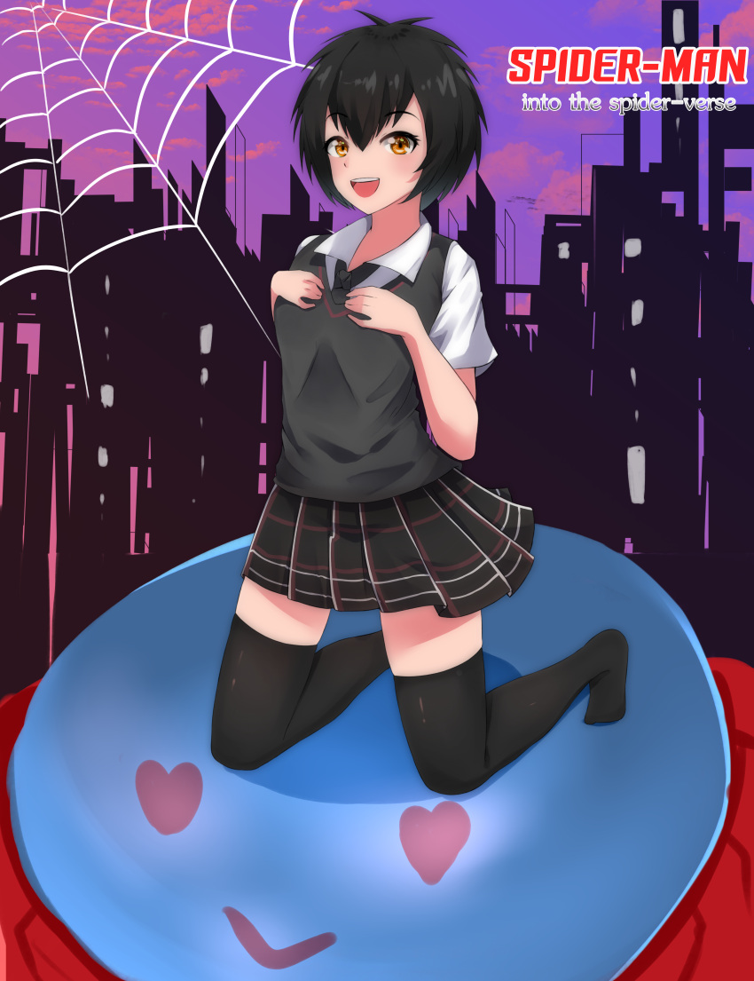 1girl absurdres black_hair black_neckwear black_skirt brown_eyes commentary copyright_name eyebrows_visible_through_hair hand_on_own_breast heart highres huge_filesize looking_at_viewer lovesexieie necktie no_shoes peni_parker pleated_skirt school_uniform shirt short_hair silk skirt skyline smile spider-man spider-man:_into_the_spider-verse spider-man_(series) spider_web thigh-highs upper_teeth white_shirt