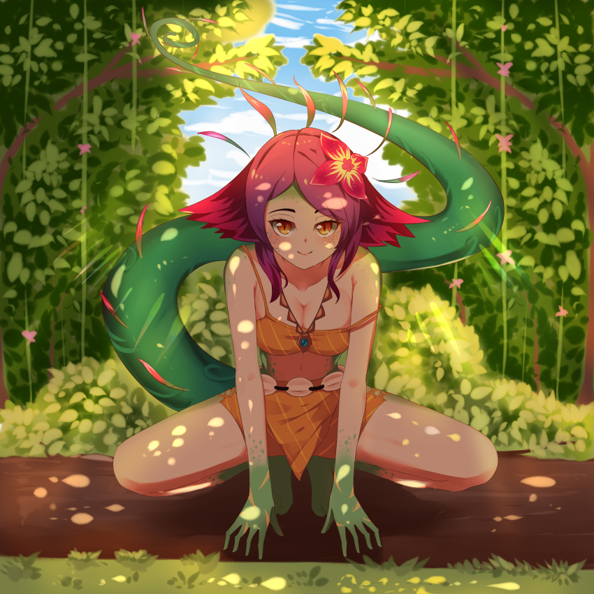 1girl absurdres bare_arms bare_legs bare_shoulders breasts cleavage commentary flower full_body green_skin hair_flower hair_ornament hands_on_ground highres huge_filesize league_of_legends lizard_girl lizard_tail long_hair looking_at_viewer lovesexieie monster_girl multicolored_hair navel neeko_(league_of_legends) off_shoulder outdoors slit_pupils smile solo strap_slip tail tree yellow_eyes