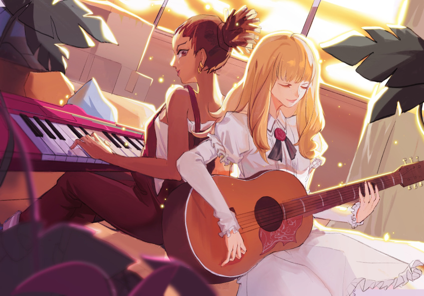 blonde_hair brown_eyes brown_hair carole_&amp;_tuesday carole_(carole_&amp;_tuesday) commentary_request dark_skin guitar highres indoors instrument keyboard_(instrument) music overalls playing_instrument rannion sleeveless tube_shirt tuesday_(carole_&amp;_tuesday)