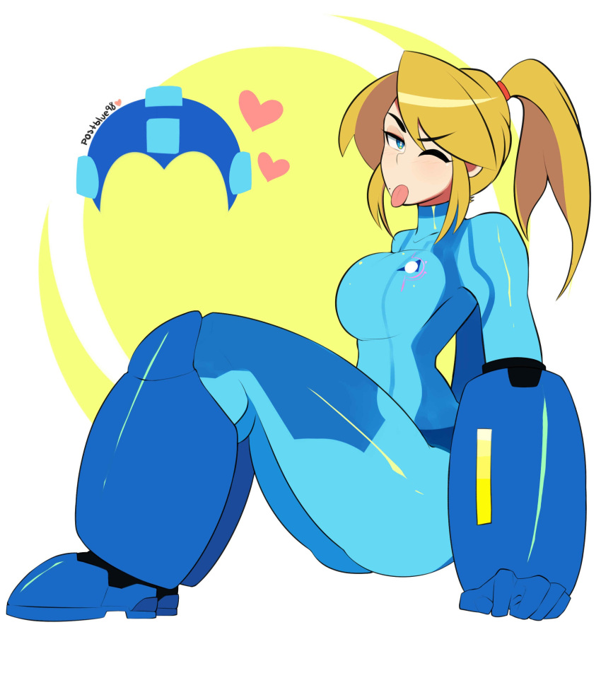 1girl absurdres arm_cannon armor artist_request blonde_hair blue_bodysuit blue_eyes bodysuit breasts highres impossible_bodysuit impossible_clothes long_hair metroid mole mole_under_mouth nintendo one_eye_closed ponytail rockman rockman_(character) rockman_(classic) samus_aran simple_background skin_tight super_smash_bros. super_smash_bros_brawl super_smash_bros_for_wii_u_and_3ds tongue tongue_out weapon zero_suit