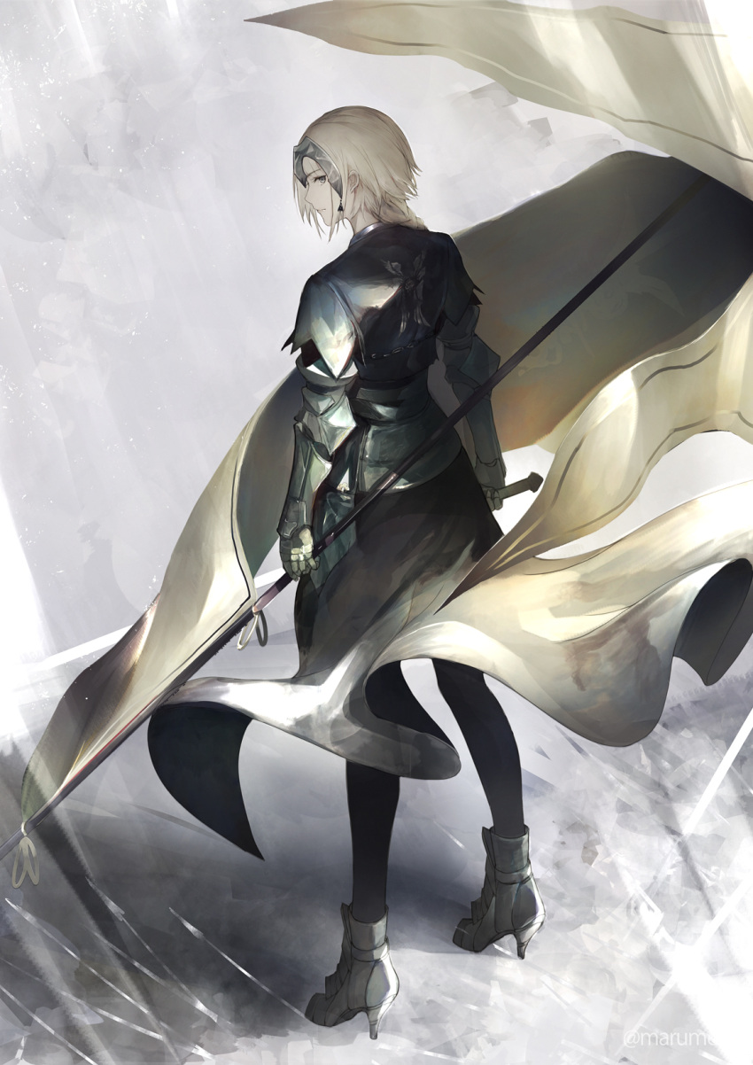 1girl armor armored_boots armored_dress blonde_hair boots braid fate/grand_order fate_(series) faulds flag from_behind gauntlets headpiece high_heel_boots high_heels highres holding holding_flag jeanne_d'arc_(fate) jeanne_d'arc_(fate)_(all) looking_to_the_side marumoru single_braid standard_bearer