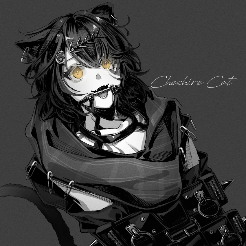 1other androgynous animal_ears bangs bound bound_arms cat_ears copyright_request greyscale hair_ornament highres medium_hair monochrome open_mouth sazanamiryo spot_color tagme upper_body yellow_eyes