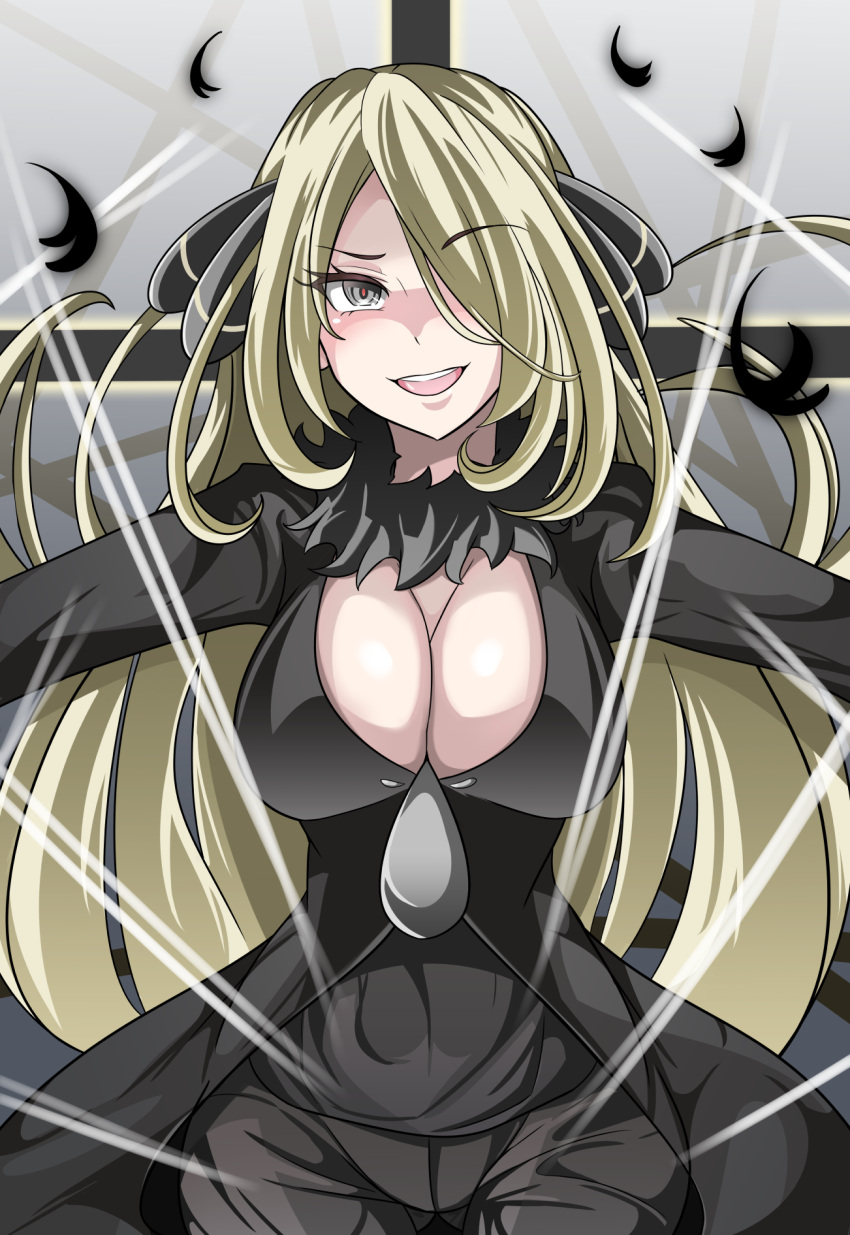 1girl :d blonde_hair breasts cleavage cowboy_shot creatures_(company) eyebrows_visible_through_hair feathers fur_collar game_freak gluteal_fold grey_eyes hair_ornament hair_over_one_eye highres large_breasts long_hair long_sleeves looking_at_viewer nintendo open_mouth pokemon pokemon_(game) pokemon_dppt red_pupils shirona_(pokemon) smile solo sumida_kichi teeth very_long_hair