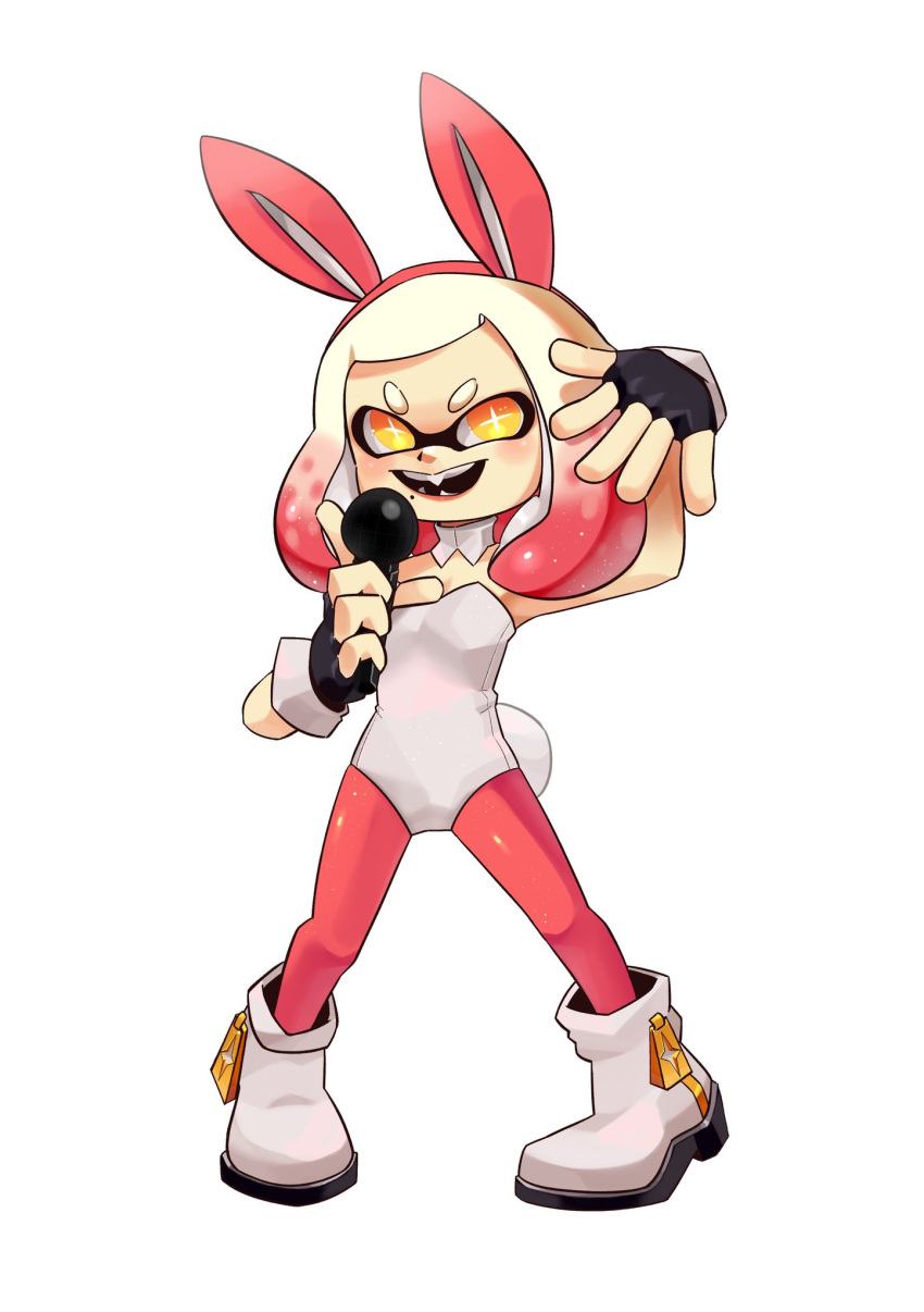 +_+ 1girl :d animal_ears arm_up black_gloves blonde_hair blush boots bunny_tail bunnysuit commentary detached_collar domino_mask english_commentary fake_animal_ears fake_tail fiinel fingerless_gloves flat_chest full_body gloves gradient_hair hairband highres hime_(splatoon) holding holding_microphone legs_apart leotard mask medium_hair microphone mole mole_under_mouth multicolored multicolored_eyes multicolored_hair open_mouth orange_eyes pantyhose pigeon-toed pink_hair pink_hairband pink_legwear platinum_blonde_hair pose rabbit_ears simple_background smile solo splatoon splatoon_(series) splatoon_2 standing strapless strapless_leotard symbol-shaped_pupils tail teeth tentacle_hair two-tone_hair v-shaped_eyebrows white_background white_footwear white_leotard yellow_eyes