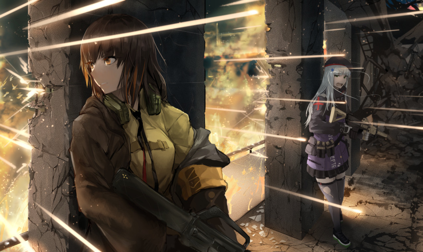 2girls action assault_rifle bangs beret black_legwear blonde_hair blunt_bangs braid breasts brown_hair clothes_writing eyebrows_visible_through_hair eyepatch facial_mark full_body girls_frontline gloves green_eyes gun h&amp;k_hk416 hair_ornament hat heckler_&amp;_koch highres hk416_(girls_frontline) holding holding_gun holding_weapon jacket kunaboto long_hair looking_at_viewer m16 m16a1 m16a1_(girls_frontline) medium_breasts mole mole_under_eye multicolored_hair multiple_girls necktie open_mouth parted_lips plaid plaid_skirt rifle scar shirt shoes silver_hair skirt streaked_hair taking_cover teardrop thigh-highs torn_clothes torn_legwear tracer_fire very_long_hair weapon