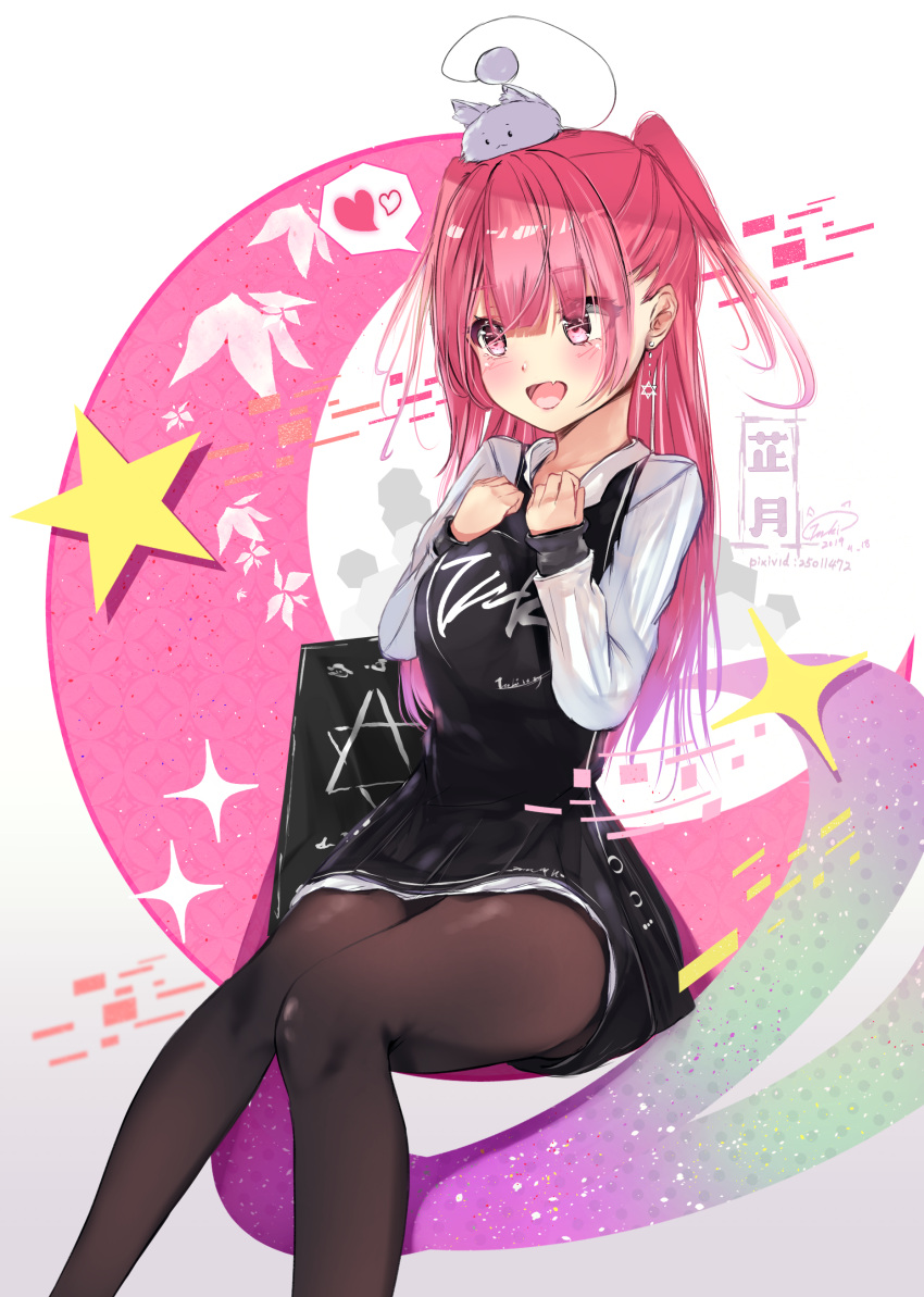 1girl :d absurdres animal_ear_fluff bangs black_dress blush breasts brown_legwear commentary_request dated dress eyebrows_visible_through_hair fang feet_out_of_frame hair_between_eyes hands_up hexagram highres long_hair long_sleeves looking_away on_head open_mouth original pantyhose pink_hair pixiv_id red_eyes shirt signature sitting sleeveless sleeveless_dress small_breasts smile solo star teratsuki two_side_up very_long_hair white_background white_shirt