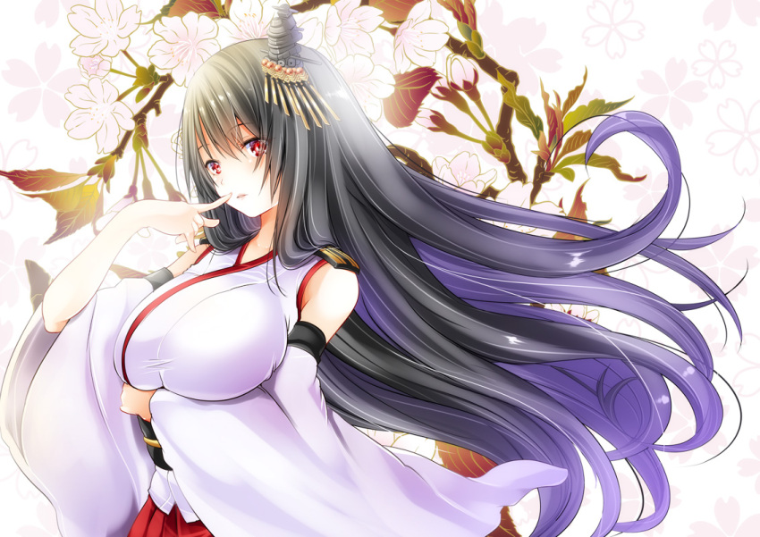 1girl black_hair blush breasts cherry_blossoms closed_mouth detached_sleeves epaulettes eyebrows_visible_through_hair floral_background fusou_(kantai_collection) hair_between_eyes hair_ornament headband headgear huge_breasts japanese_clothes kantai_collection long_hair looking_at_viewer maki_(seventh_heaven_maxion) nontraditional_miko red_eyes remodel_(kantai_collection) shirt solo