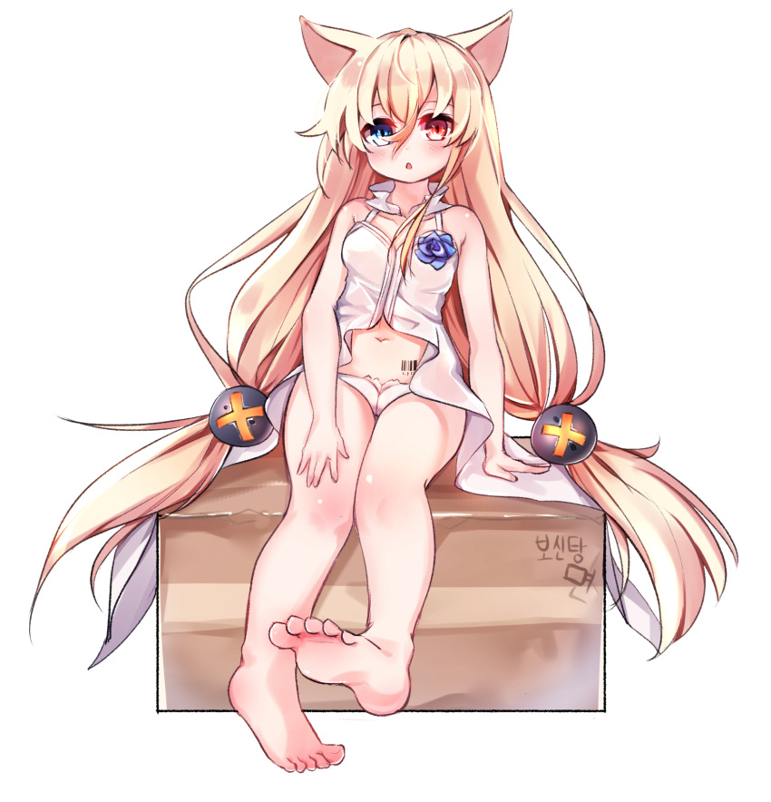 1girl animal_ears barefoot blonde_hair blue_eyes cat_ears commentary_request feet g41_(girls_frontline) girls_frontline heterochromia highres kosobin legs long_hair low-tied_long_hair navel no_pants open_mouth panties red_eyes shirt sitting soles solo toes twintails underwear very_long_hair white_panties white_shirt