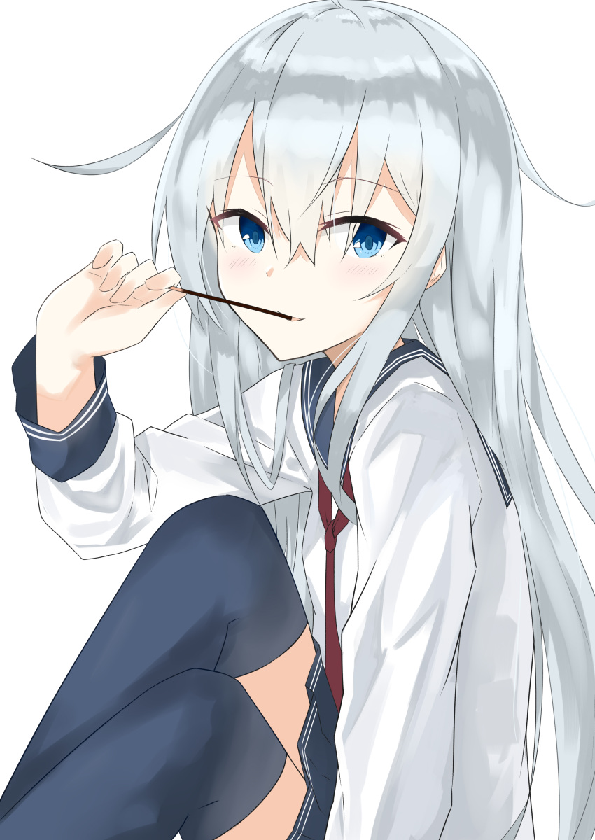 1girl absurdres blue_eyes blue_legwear blue_sailor_collar blue_skirt evening_rabbit eyebrows_visible_through_hair from_side hair_between_eyes hibiki_(kantai_collection) highres holding kantai_collection long_hair long_sleeves looking_at_viewer miniskirt neckerchief parted_lips pleated_skirt red_neckwear sailor_collar shirt silver_hair simple_background sitting skirt solo thigh-highs very_long_hair white_background white_shirt zettai_ryouiki