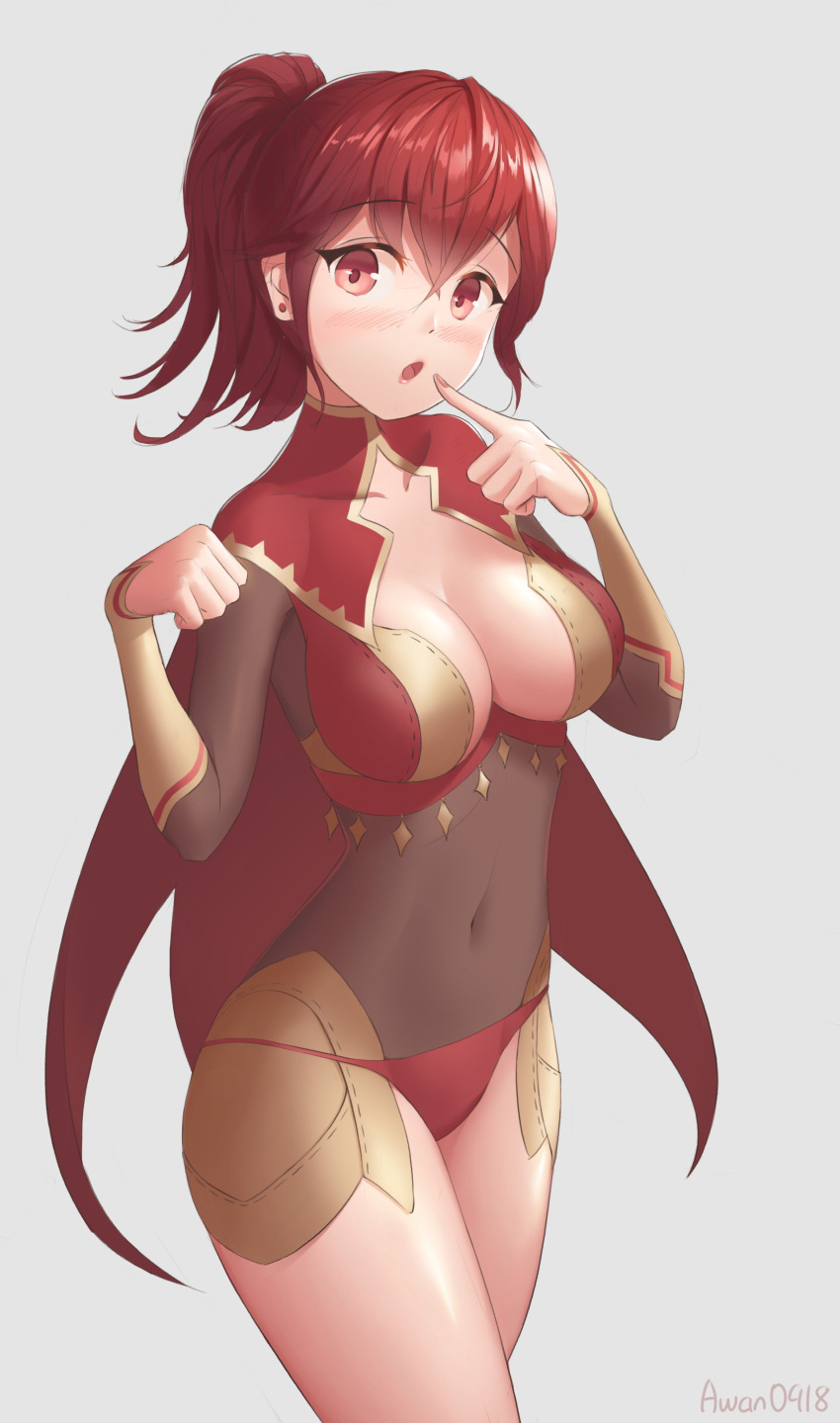 1girl absurdres anna_(fire_emblem) awan0918 bangs blush breasts cape center_opening covered_navel earrings finger_to_mouth fire_emblem fire_emblem_if gloves highres jewelry medium_breasts nintendo open_mouth ponytail red_cape red_eyes redhead sidelocks simple_background solo twitter_username