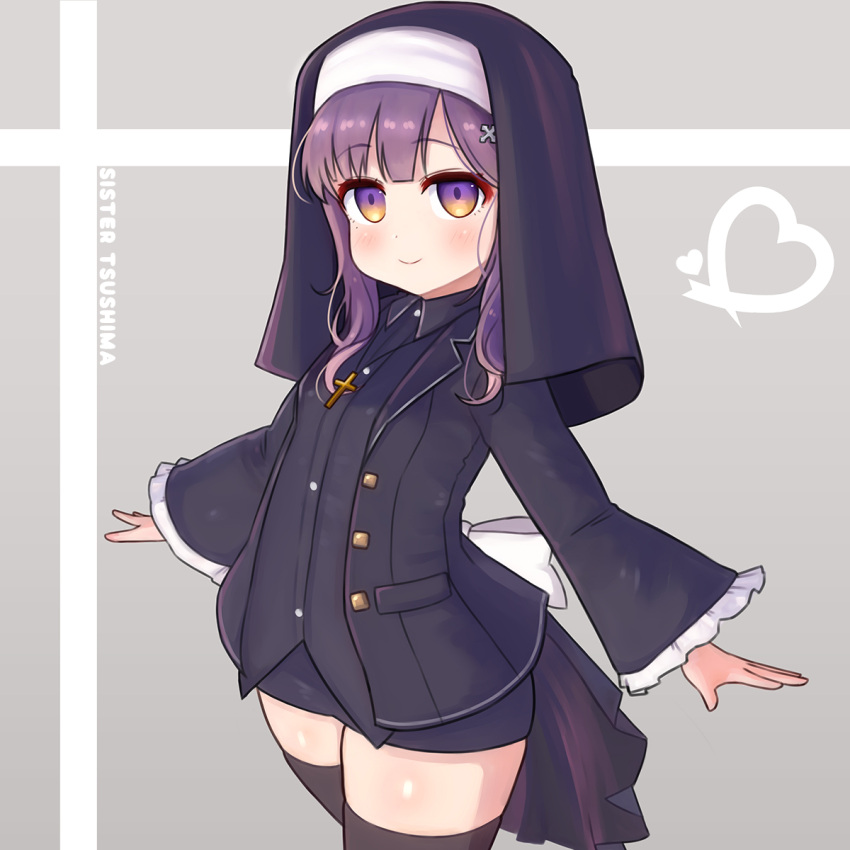 1girl alternate_costume black_jacket black_legwear black_skirt black_veil blazer commentary_request cross frilled_sleeves frills gradient_hair grey_background habit highres jacket kantai_collection long_sleeves looking_at_viewer multicolored_hair nun orange_hair pencil_skirt purple_hair rose_neru short_hair sidelocks skirt smile solo thigh-highs tsushima_(kantai_collection) two-tone_background violet_eyes wide_sleeves