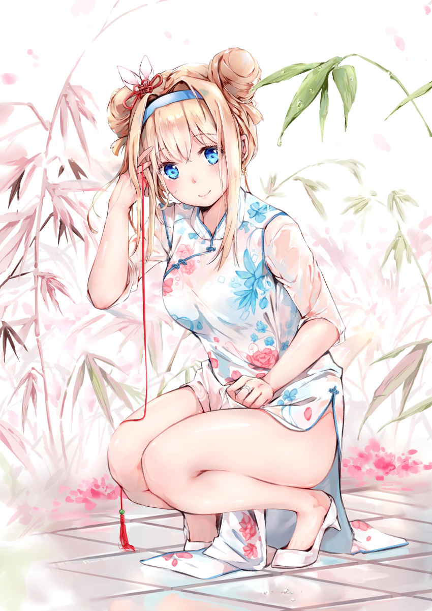 1girl absurdres bamboo bangs bare_legs blonde_hair blue_eyes blue_hairband blush breasts china_dress chinese_clothes closed_mouth commentary day double_bun dress earrings eyebrows_visible_through_hair floral_print full_body girls_frontline glint hair_between_eyes hair_ornament hairband hand_in_hair high_heels highres hmw_(pixiv7054584) jewelry long_hair looking_at_viewer medium_breasts outdoors pelvic_curtain red_string ring sidelocks snowflake_hair_ornament solo squatting string suomi_kp31_(girls_frontline) wet wet_clothes white_footwear