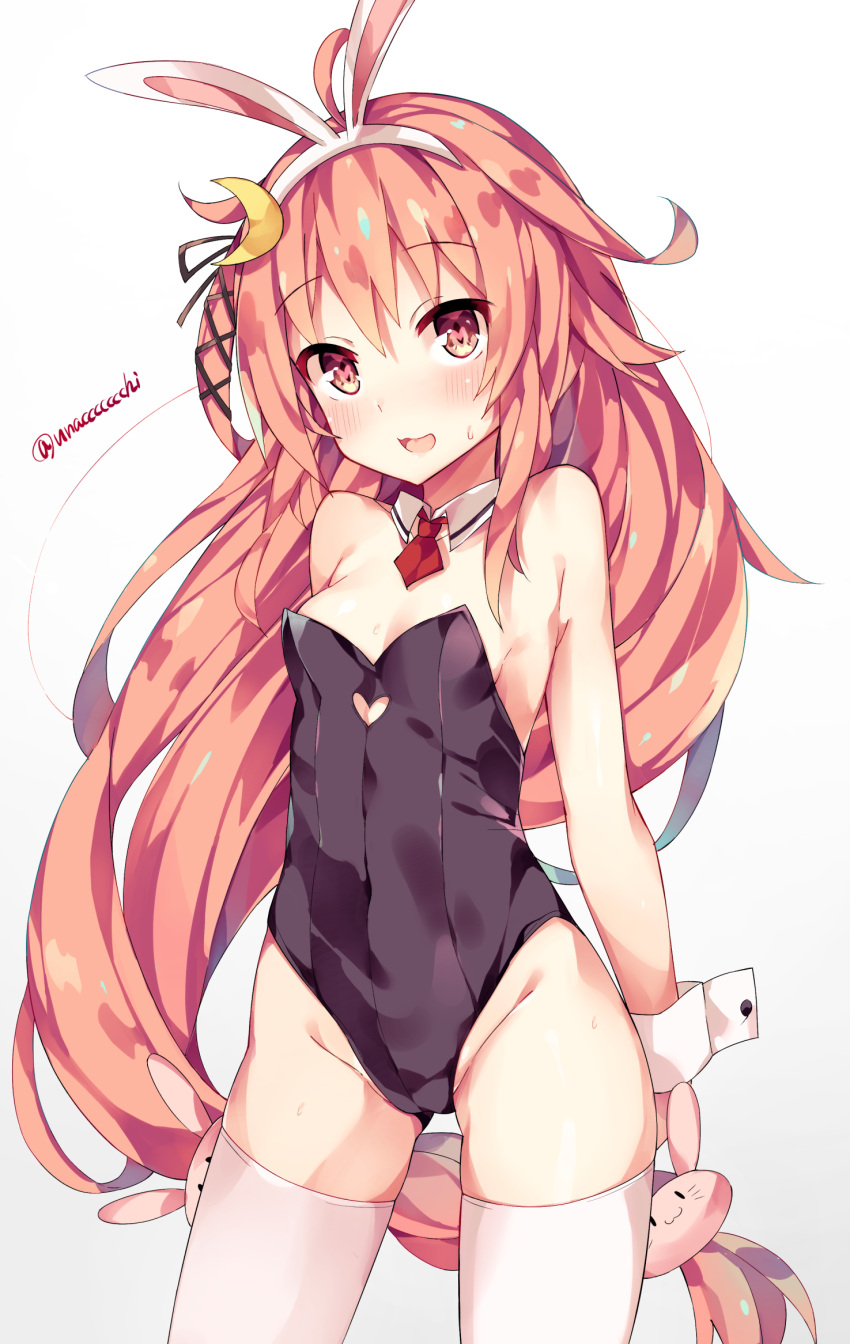 1girl animal_ears black_leotard blush breasts bunny_hair_ornament bunnysuit crescent crescent_hair_ornament detached_collar eyebrows_visible_through_hair fake_animal_ears fantia_reward gradient gradient_background groin hair_between_eyes hair_ornament hairband heart heart_cutout highres kantai_collection leotard long_hair open_mouth paid_reward pink_hair rabbit_ears red_eyes small_breasts solo thigh-highs twitter_username unacchi_(nyusankin) uzuki_(kantai_collection) very_long_hair white_hairband white_legwear wrist_cuffs