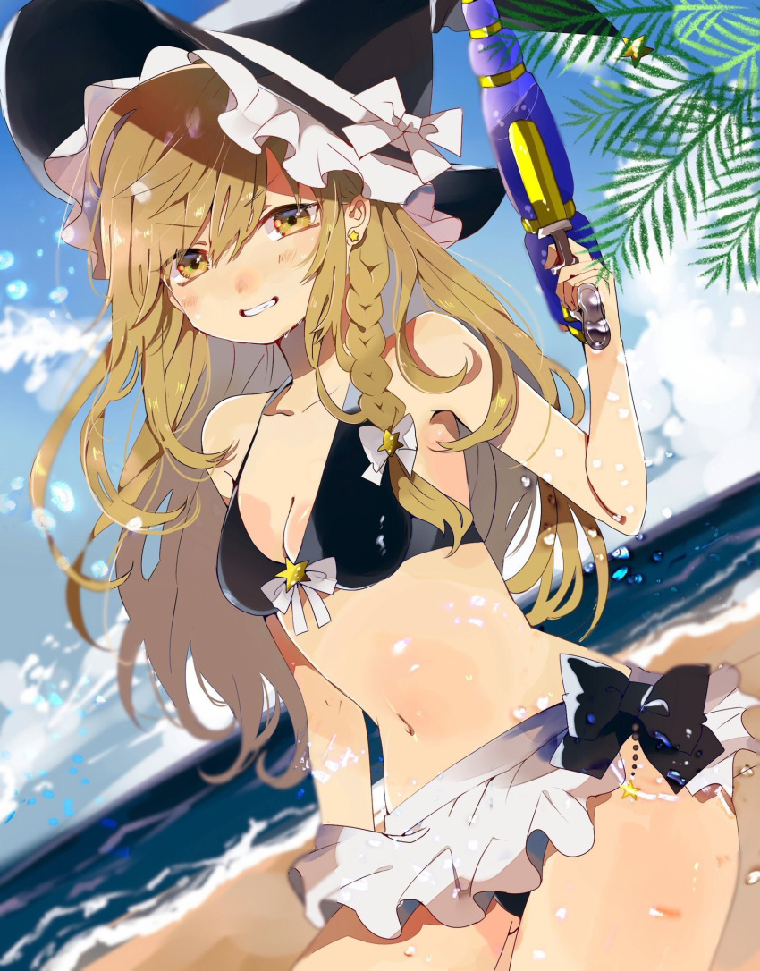 &gt;:) 1girl apron bangs bare_arms bare_shoulders beach bikini black_bikini black_bow black_headwear blonde_hair blue_sky blush bow braid breasts cleavage clouds commentary_request cowboy_shot day dutch_angle ear_piercing eyebrows_visible_through_hair gluteal_fold grin gun hair_between_eyes hair_bow hand_up hat hat_bow highres holding holding_gun holding_weapon kirisame_marisa long_hair looking_at_viewer medium_breasts navel ocean outdoors piercing potesara single_braid sky smile solo standing star stomach swimsuit thighs touhou v-shaped_eyebrows waist_apron water_drop water_gun weapon white_apron white_bow witch_hat yellow_eyes