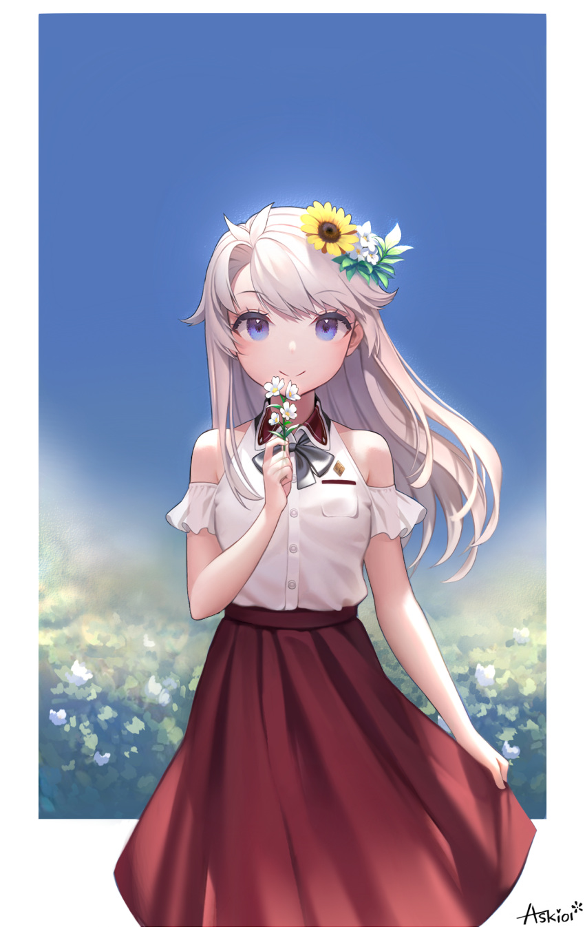 1girl bangs bare_shoulders blue_eyes borrowed_character commentary_request eat_8971 eyebrows_visible_through_hair flower grey_hair hair_flower hair_ornament herme_(ohisashiburi) highres holding holding_flower long_hair long_skirt looking_at_viewer original red_skirt skirt solo