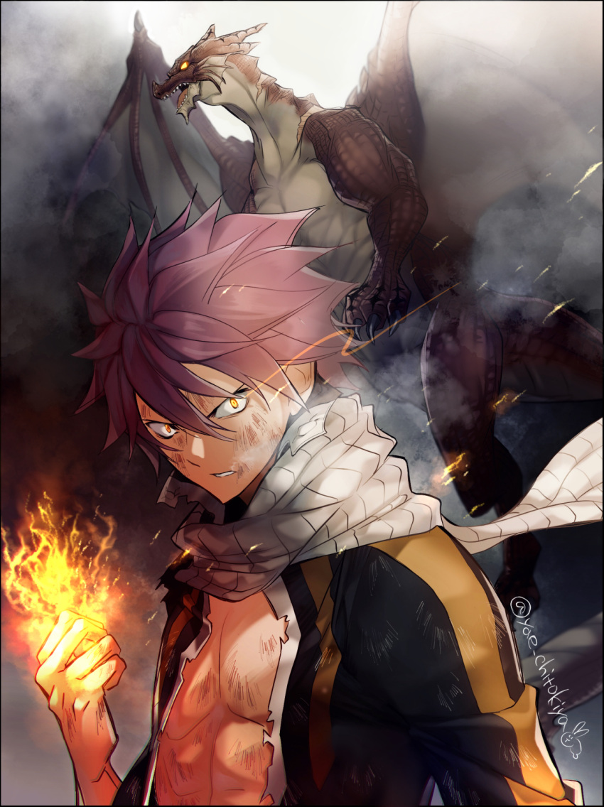 1boy bruise_on_face clenched_hand dragon fairy_tail fire glowing glowing_eyes hair_between_eyes highres igneel long_sleeves natsu_dragneel pink_hair scarf shirt solo spiky_hair torn_clothes torn_shirt twitter_username upper_body v-shaped_eyebrows white_scarf yae_chitokiya yellow_eyes