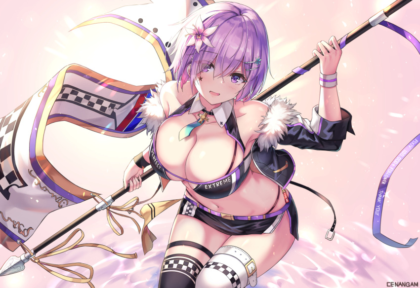 1girl :d artist_name bare_shoulders black_jacket black_legwear black_panties black_skirt blush breasts cenangam cleavage collarbone commentary_request cowboy_shot crop_top cropped_jacket detached_collar facial_mark fate/grand_order fate_(series) flag fur_collar hair_between_eyes hair_over_one_eye hand_up highleg highleg_panties holding jacket large_breasts leg_belt long_sleeves looking_at_viewer mash_kyrielight midriff miniskirt mismatched_legwear navel necktie off_shoulder open_clothes open_jacket open_mouth panties purple_hair racequeen short_hair short_necktie side_slit skirt smile solo standing star stomach thigh-highs thigh_strap thighs underwear violet_eyes white_legwear wristband