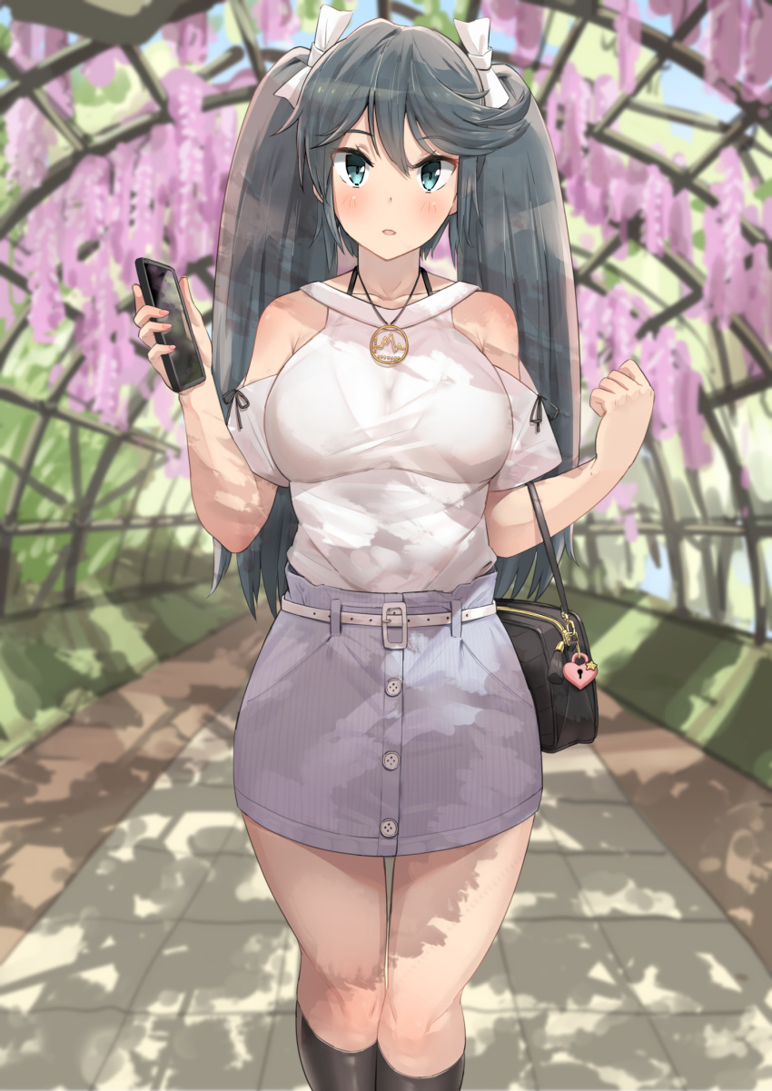 1girl :o bag bangs belt black_legwear blouse blue_eyes blue_hair blurry blurry_background blush breasts casual cellphone collarbone day eyebrows_visible_through_hair hair_ribbon highres holding holding_phone isuzu_(kantai_collection) jewelry kantai_collection kneehighs large_breasts long_hair nail_polish necklace open_mouth phone pink_nails purple_skirt remodel_(kantai_collection) ribbon shoulder_cutout sidelocks skirt smartphone solo soushou_nin swept_bangs thighs twintails white_blouse white_ribbon