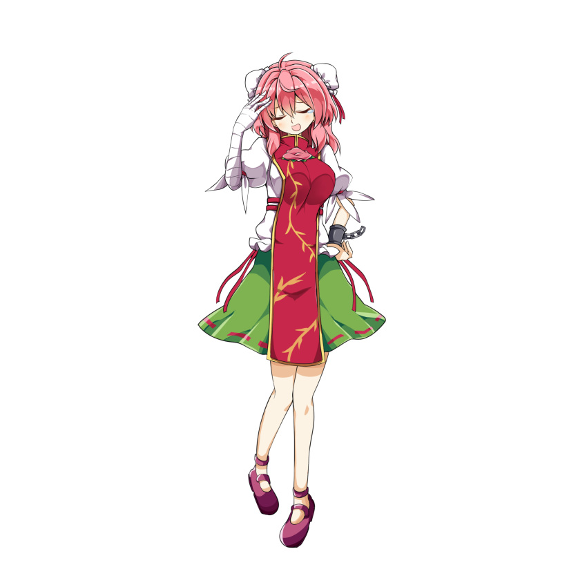 1girl ahoge aki_chimaki bandage bandaged_arm bandages bangs breasts bun_cover chains chinese_clothes cuffs double_bun flower full_body green_skirt hair_between_eyes highres ibaraki_kasen large_breasts medium_hair pink_eyes pink_flower pink_hair pink_rose puffy_short_sleeves puffy_sleeves rose shackles short_sleeves skirt solo tabard tachi-e touhou