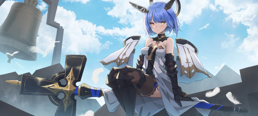 1girl ashisi azur_lane bangs bell bell_tower bird blue_hair blue_sky blush breasts choker clouds commentary cross cross_(weapon) day dress feathers fleur_de_lis floating_headgear gascogne_(azur_lane) gauntlets greaves hair_between_eyes headgear highres holding_cross looking_at_viewer outdoors short_hair sitting sky solo strapless strapless_dress weapon white_dress yellow_eyes