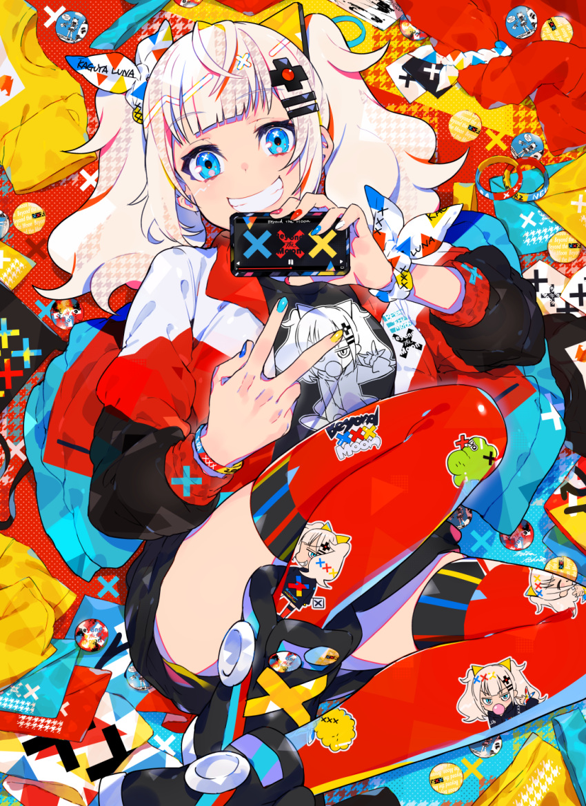 1girl bangs black_footwear black_skirt blue_eyes blue_nails blush boots cellphone character_name commentary_request eyebrows_visible_through_hair fingernails grin hair_ornament hair_ribbon hairclip highres holding holding_cellphone holding_phone kaguya_luna long_sleeves looking_at_viewer lying mika_pikazo multicolored multicolored_nails nail_polish on_back phone puffy_long_sleeves puffy_sleeves red_legwear red_nails ribbon shirt skirt smile solo the_moon_studio thigh-highs thighhighs_under_boots twintails v white_hair white_nails white_ribbon white_shirt yellow_nails