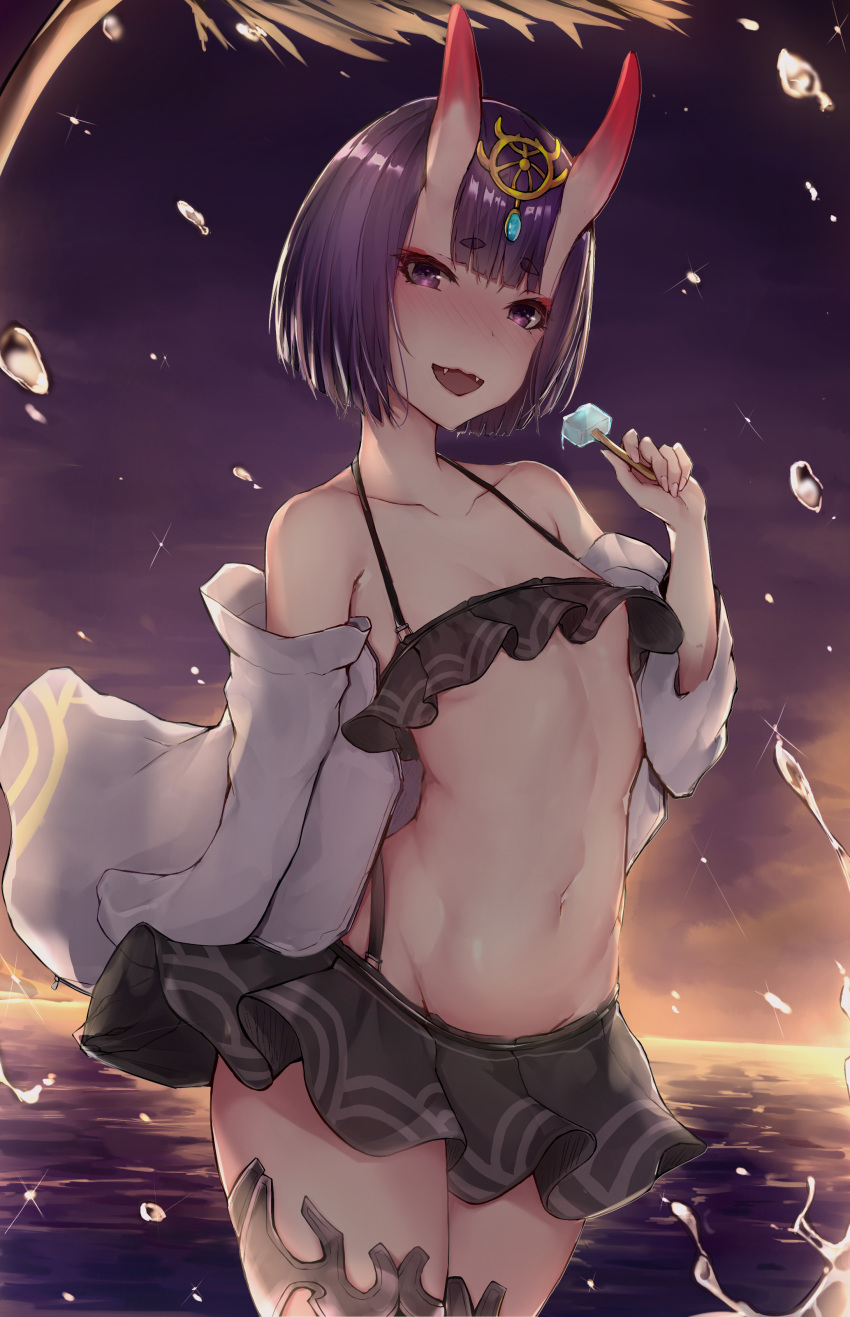 1girl absurdres backlighting bangs bare_shoulders bikini blunt_bangs blush bob_cut collarbone commentary_request eyeshadow fangs fate/grand_order fate_(series) food groin hair_between_eyes headpiece highres horns jacket makeup navel ocean off_shoulder oni_horns open_mouth popsicle purple_hair revision sherryqq short_hair shuten_douji_(fate/grand_order) solo sunset swimsuit violet_eyes water water_drop