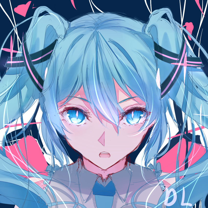1girl :o bare_shoulders black_ribbon blue_eyes blue_hair blue_neckwear bright_pupils collared_shirt commentary_request grey_shirt hair_ribbon hatsune_miku highres long_hair looking_at_viewer necktie open_mouth ribbon shirt signature sketch sleeveless sleeveless_shirt solo suiboku_tanren twintails upper_body upper_teeth vocaloid