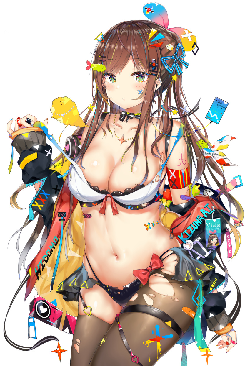 1girl a.i._channel absurdres araragikoyomis bangs bare_shoulders blush breasts brown_hair cleavage cleavage_cutout cosplay cowboy_shot dress eyebrows_visible_through_hair green_eyes groin hair_ornament hairband hairclip hand_up highres jacket kaguya_luna kaguya_luna_(cosplay) kizuna_ai large_breasts long_hair looking_at_viewer multicolored_hair navel off_shoulder open_clothes open_skirt panties ribbon skirt smile solo stomach the_moon_studio thigh-highs torn_clothes twintails underwear virtual_youtuber