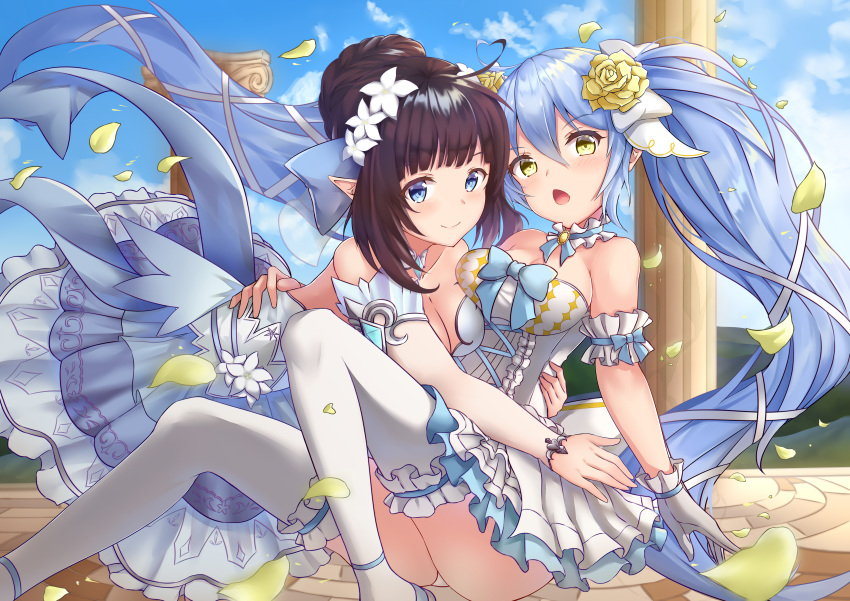 2girls :o absurdres ahoge arm_garter ass bangs bare_shoulders blue_dress blue_eyes blue_hair blue_ribbon blue_sky blush breast_press breasts brown_hair choker cleavage closed_mouth clouds collarbone day detached_sleeves dress elf floating_hair flower frilled_choker frills gloves hair_between_eyes hair_bun hair_flower hair_ornament heart_ahoge highres hug huge_filesize king's_raid knees_up large_breasts layered_dress long_hair long_sleeves looking_at_viewer mirianne_(king's_raid) multiple_girls open_mouth outdoors petals pnt_(ddnu4555) pointy_ears ribbon rose sidelocks sitting sky smile sonia_(king's_raid) symmetrical_docking thigh-highs twintails very_long_hair white_dress white_flower white_gloves white_legwear yellow_eyes yellow_flower