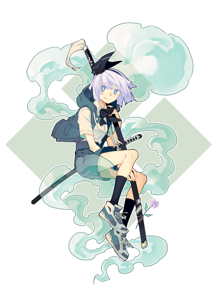 1girl adapted_costume blue_eyes colored_eyelashes flower full_body hair_ribbon highres hood hooded_jacket jacket katana ko_kita konpaku_youmu konpaku_youmu_(ghost) looking_at_viewer neck_ribbon pleated_skirt ribbon shoes short_hair skirt sleeveless_jacket smile sneakers solo sword touhou weapon white_hair