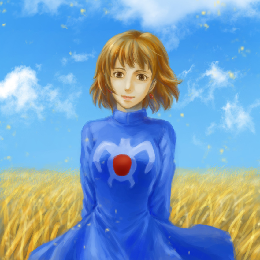 1girl blue_sky breasts brown_eyes brown_hair closed_mouth clouds commentary_request earrings field highres jewelry kaze_no_tani_no_nausicaa looking_at_viewer nausicaa short_hair sky smile solo studio_ghibli