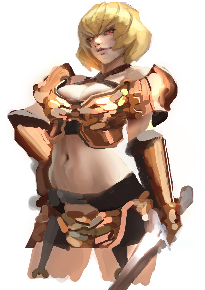 1girl absurdres armor bangs blonde_hair breastplate breasts cleavage cleavage_cutout clementine_(overlord) commentary_request criss-cross_halter cropped_legs dnjswns178 evil_smile halterneck hand_on_hip highres holding holding_sword holding_weapon large_breasts lips looking_at_viewer midriff navel nose overlord_(maruyama) red_eyes short_hair shoulder_armor sketch smile solo spaulders sword weapon white_background