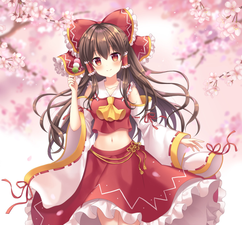 1girl ascot bangs bare_shoulders blush bow branch breasts brown_hair cherry_blossoms closed_mouth collarbone commentary_request cowboy_shot crop_top dango detached_sleeves eyebrows_visible_through_hair food frilled_bow frilled_shirt_collar frilled_skirt frills gradient gradient_background hair_between_eyes hair_bow hair_tubes hakurei_reimu holding holding_food long_hair long_skirt long_sleeves mayo_(miyusa) medium_breasts midriff navel petals petticoat pink_background red_bow red_eyes red_ribbon red_shirt red_skirt revision ribbon ribbon-trimmed_sleeves ribbon_trim sanshoku_dango shirt sidelocks skirt skirt_set smile solo spring_(season) standing stomach tareme tassel touhou wagashi white_background white_sleeves wide_sleeves yellow_neckwear