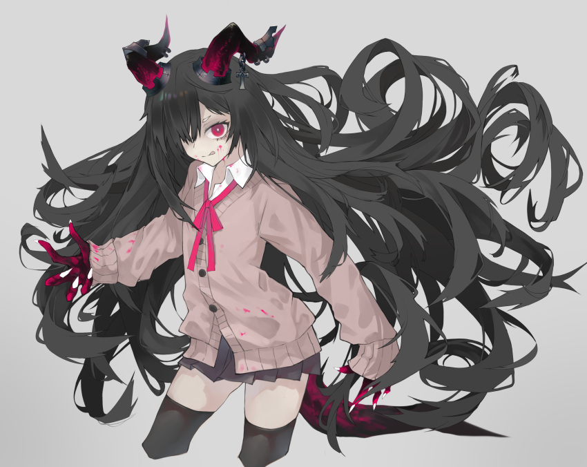 1girl absurdres black_hair black_legwear black_skirt blood blood_on_face bloody_clothes cardigan demon_girl earrings fingernails grey_background hair_over_one_eye highres horns jewelry kesuno long_hair long_sleeves nail_polish original pink_eyes sharp_fingernails simple_background skirt sleeves_past_wrists solo thigh-highs tongue tongue_out white_nails zettai_ryouiki
