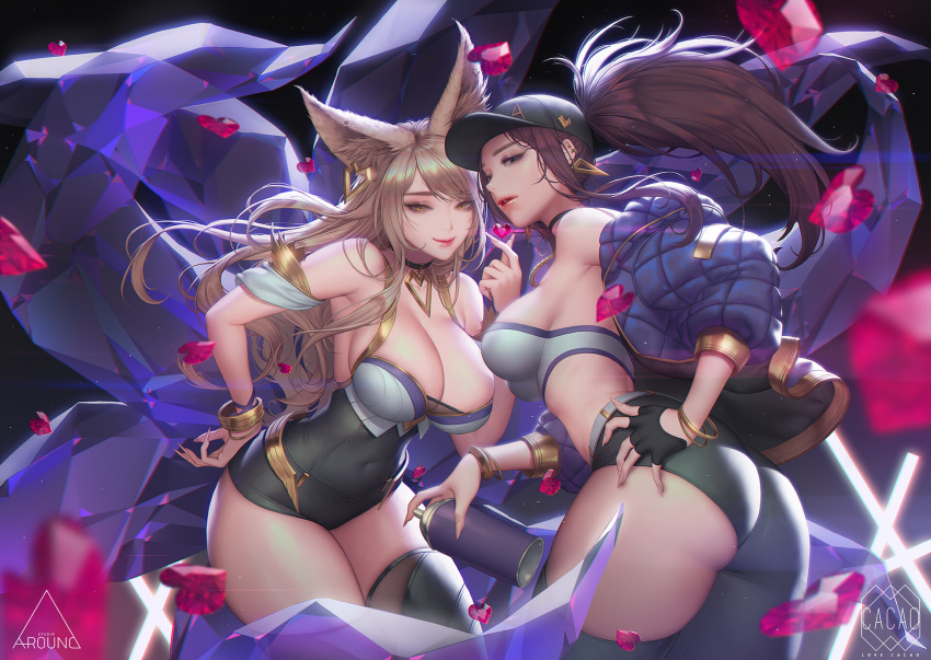 2girls ahri akali animal_ears artist_name bangs bare_shoulders baseball_cap belt black_gloves blonde_hair bracelet breasts can choker cleavage cowboy_shot earrings fingerless_gloves fingernails fox_ears fox_tail glint gloves hair_between_eyes hand_on_hip hat heart highres holding holding_can jacket jewelry k/da_(league_of_legends) k/da_ahri k/da_akali large_breasts league_of_legends legs legs_together long_fingernails long_hair looking_at_viewer love_cacao makeup mask midriff multiple_girls navel open_clothes parted_lips pink_lips ponytail purple_hair red_lips sidelocks smile spray_can tail thigh-highs thighs tourmaline_(gemstone) whisker_markings yellow_eyes yuri