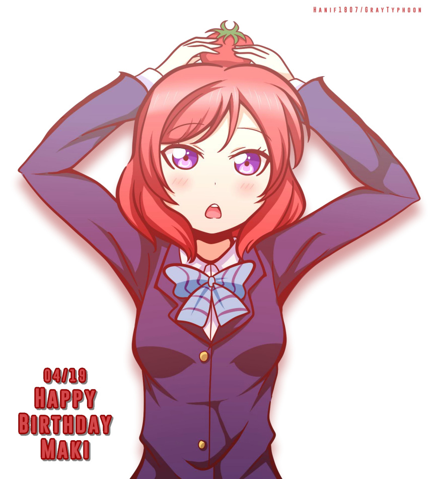 :o artist_name blazer blue_jacket blue_ribbon blush commentary cowboy_shot hanif1807 happy_birthday highres holding holding_vegetable jacket looking_at_viewer love_live! love_live!_school_idol_project medium_hair neck_ribbon nishikino_maki on_head open_mouth redhead ribbon school_uniform shirt simple_background teeth tomato violet_eyes white_background white_shirt