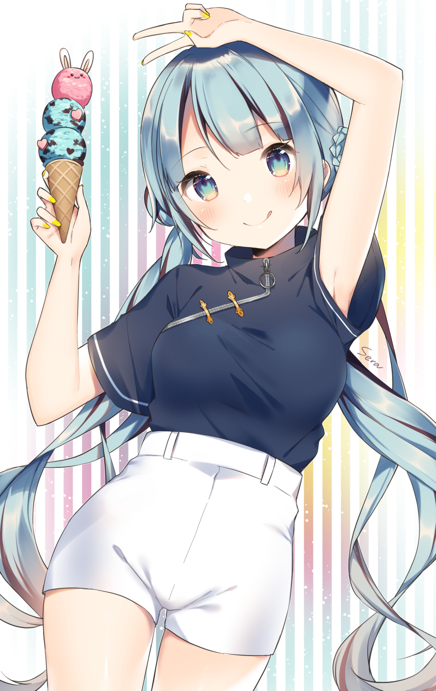 1girl :q absurdres arm_up bangs blue_hair blue_shirt blush braid breasts brown_hair closed_mouth commentary_request eyebrows_visible_through_hair fingernails food hand_up head_tilt highres holding holding_food ice_cream ice_cream_cone long_hair multicolored_hair nail_polish original shiino_sera shirt short_shorts short_sleeves shorts small_breasts smile solo striped striped_background tongue tongue_out triple_scoop twintails two-tone_hair vertical-striped_background vertical_stripes very_long_hair white_shorts wide_sleeves yellow_nails
